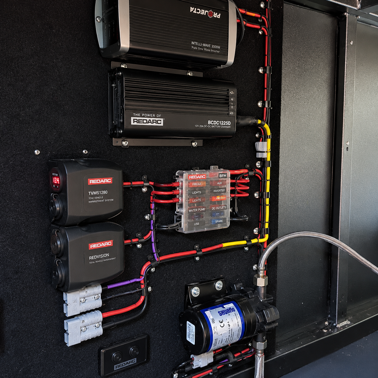 Organised canopy electrical: fuse block, labelled circuits, loomed wiring